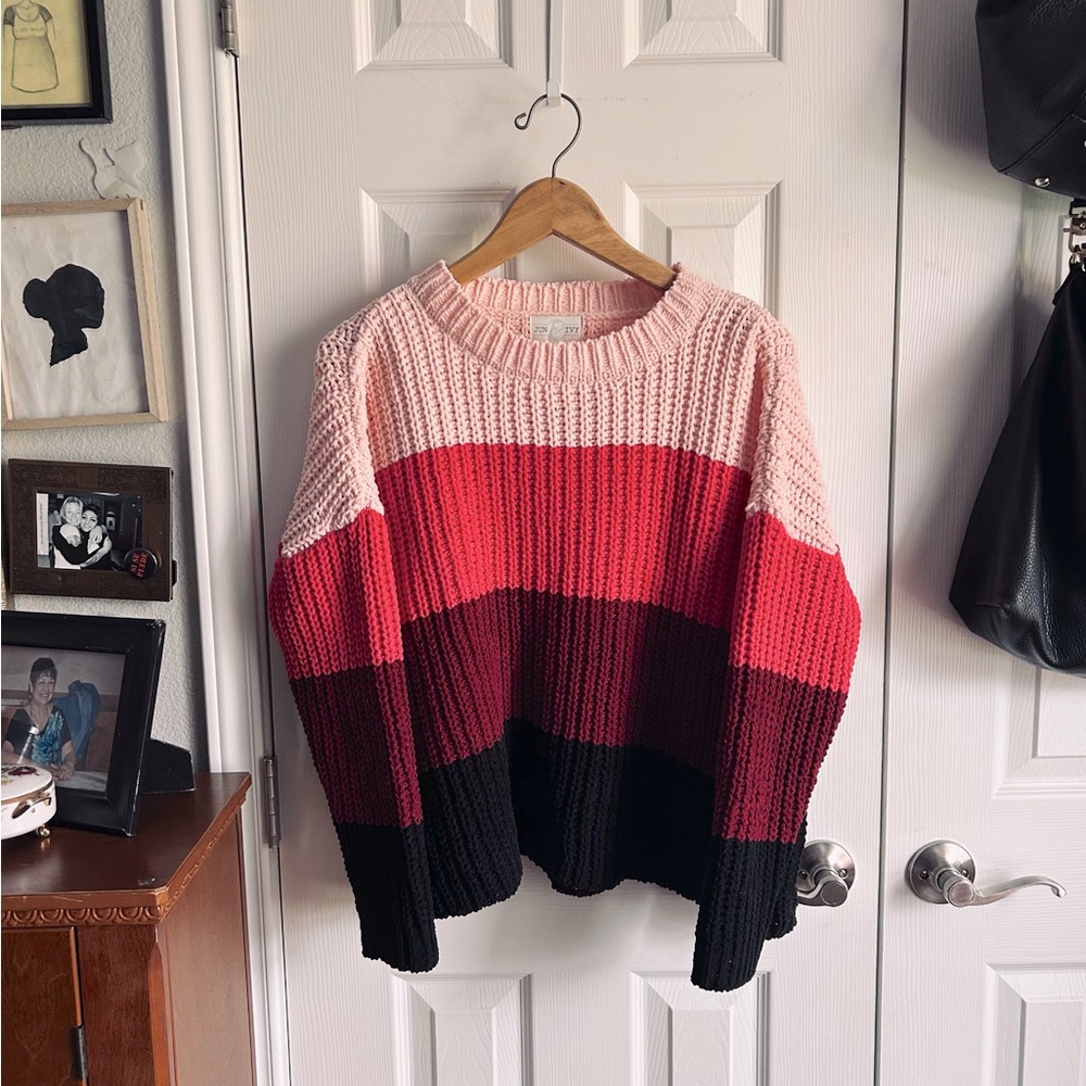 Jun & Ivy pink colorblock chunky knit ribbed cozy balletcore sweater